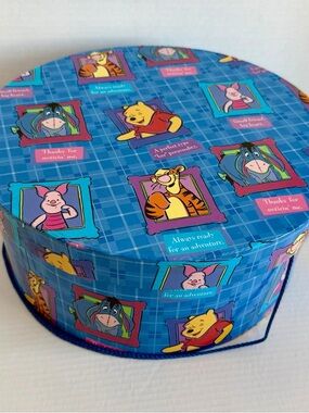 Vintage Classic Disney Winnie The Pooh/Tiger/Piglet Hat Box Round. Blue
